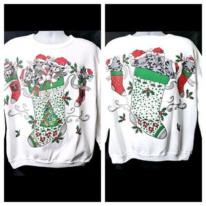 Christmas Cats Sweatshirt Bijo Sz W22 Jeweled & Glitter Kittens 1980 USA *Read*